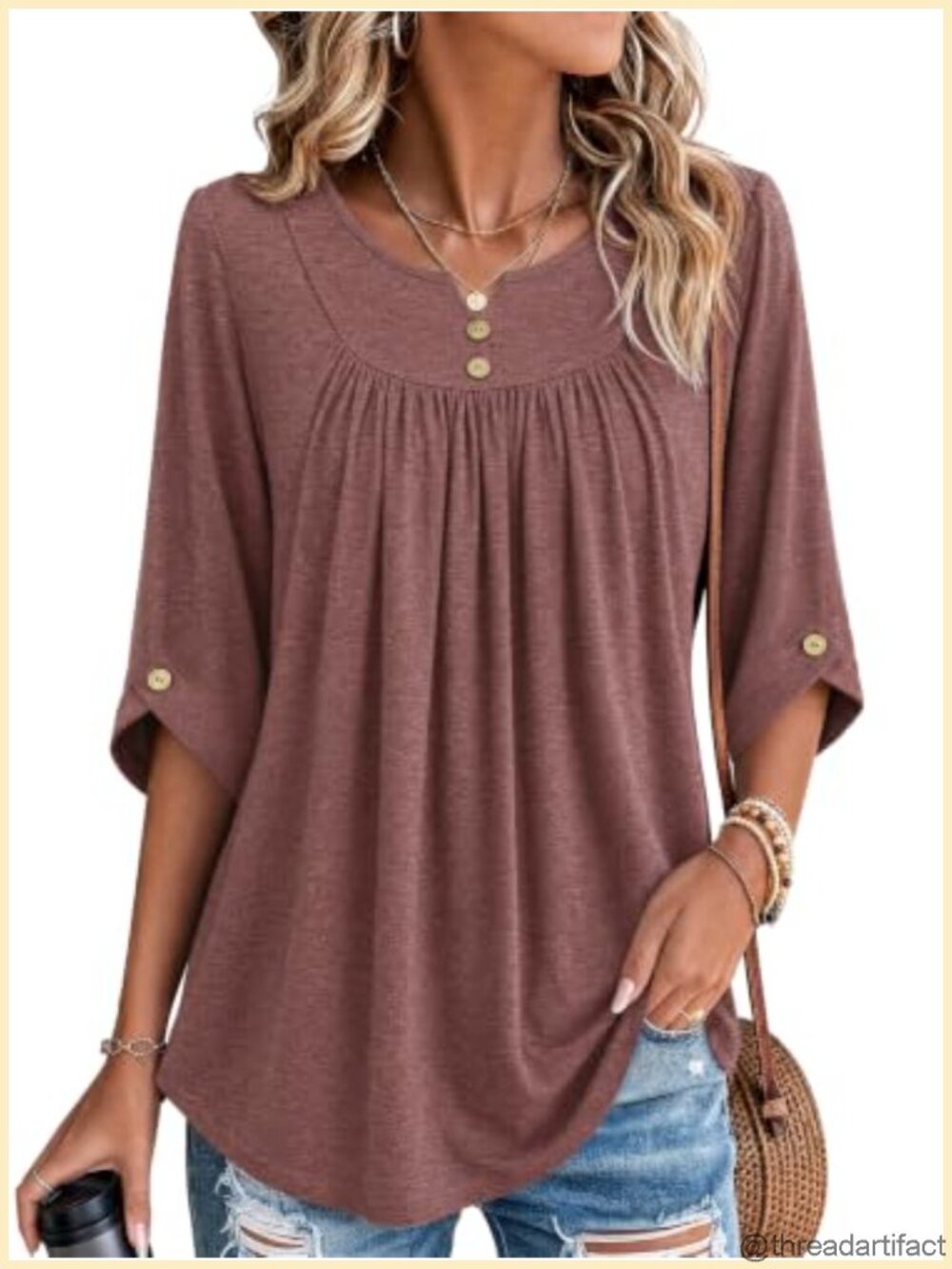 Women's 3/4 Sleeve Notch V Neck Pleated Tunic Top